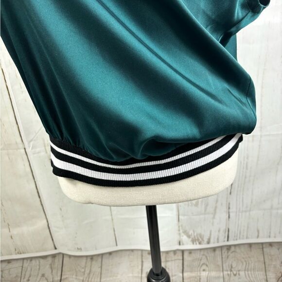 Express Green Emerald Satin Blouse Top Elastic Striped Bottom - Picture 9 of 9